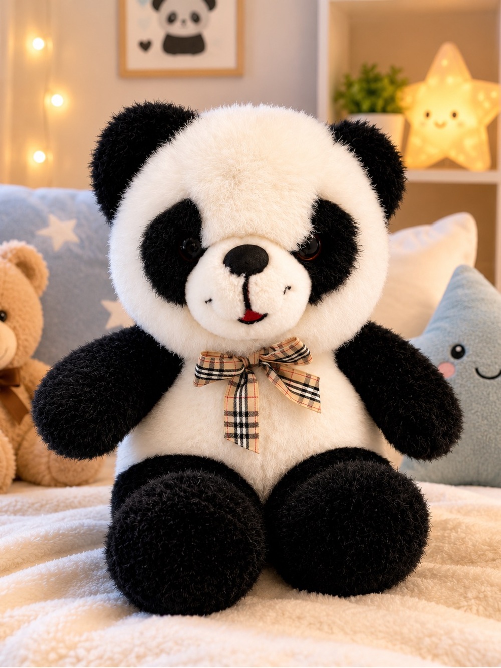 Vintage Plush Panda Bear with Plaid Bow – 24 × 29 cm – Soft & Adorable